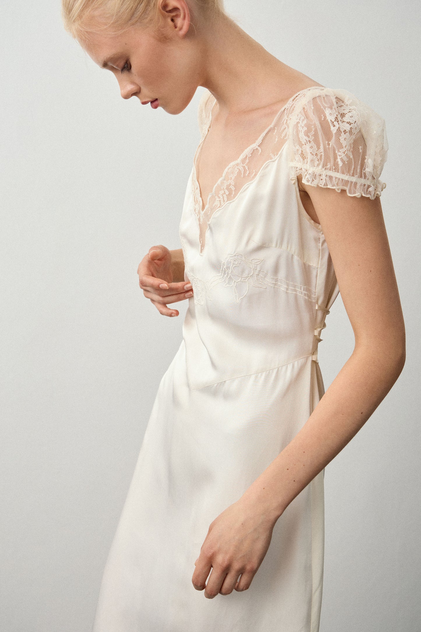 LACE-TRIMMED SATIN DRESS